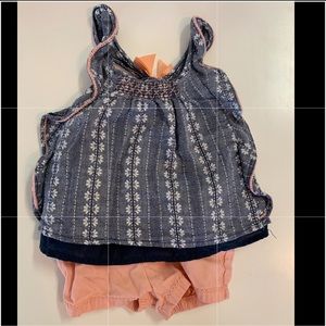 Denim top and peach shorts